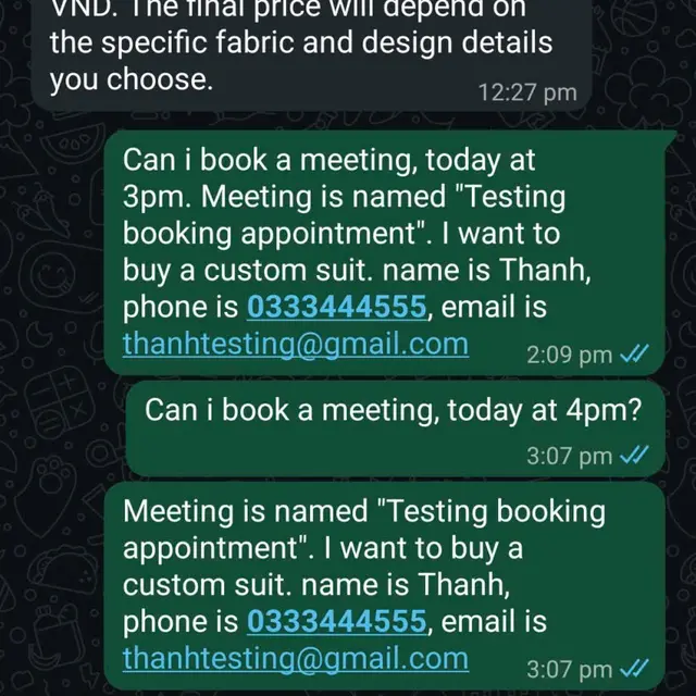 Đoạn chat WhatsApp với chatbot của Thinh Phan Tailor