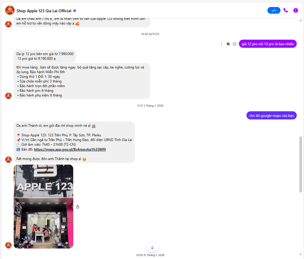 A customer conversation with the Shop Apple 123 chatbot