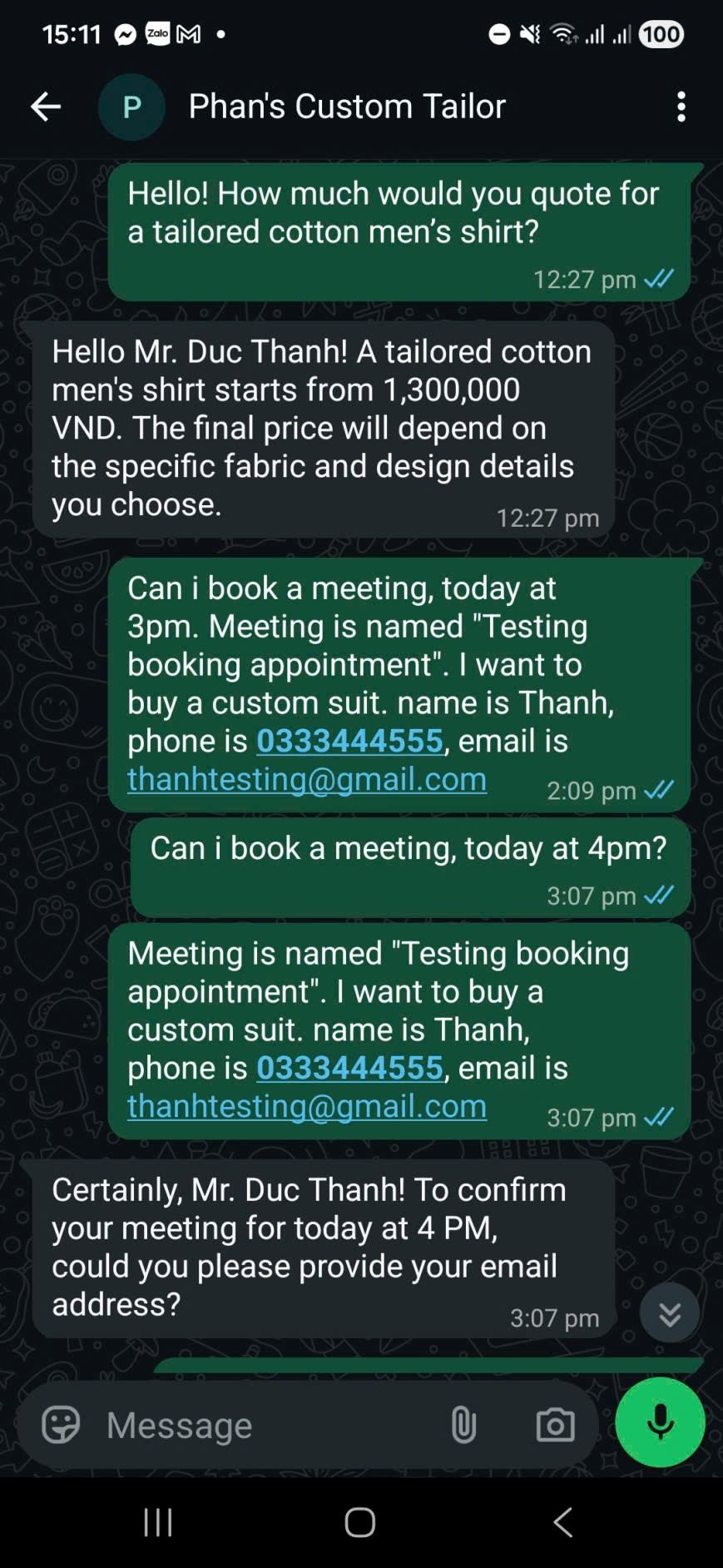 A WhatsApp conversation with the Thinh Phan Tailor chatbot